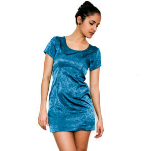 Vintage S / M Dress Floral Embossed Print Cyan Mini Small Medium Blue Green Retro Short - Thumbnail 1