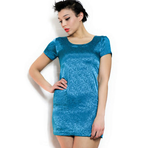 Vintage S / M Dress Floral Embossed Print Cyan Mini Small Medium Blue Green Retro Short - Thumbnail 2