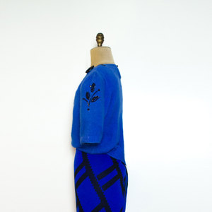 Vtg Royal M / L Blue Sweater Top Shirt w/ Black Roses Rosettes Silk Beaded Beads Short Sleeve Medium Large Angora - Thumbnail 1