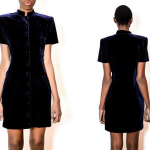 Vintage M / L 1980S Blue Button Down Velvet Dress w/ High Neck Medium Large Retro