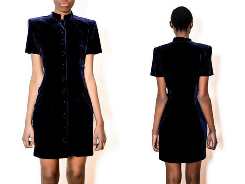 Vintage M / L 1980S Blue Button Down Velvet Dress w/ High Neck Medium Large Retro