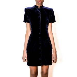 Vintage M / L 1980S Blue Button Down Velvet Dress w/ High Neck Medium Large Retro - Thumbnail 1