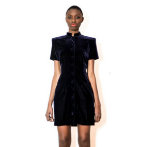 Vintage M / L 1980S Blue Button Down Velvet Dress w/ High Neck Medium Large Retro - Thumbnail 2