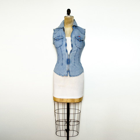 Vintage Blue Ripped Jean Vest XS / S Shirt Top Small X-Small