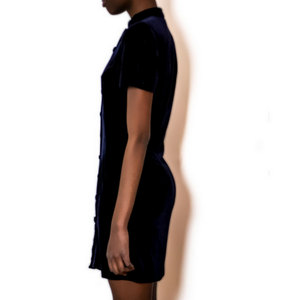 Vintage M / L 1980S Blue Button Down Velvet Dress w/ High Neck Medium Large Retro - Thumbnail 3