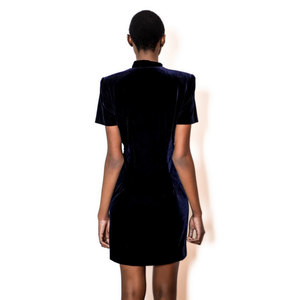 Vintage M / L 1980S Blue Button Down Velvet Dress w/ High Neck Medium Large Retro - Thumbnail 4