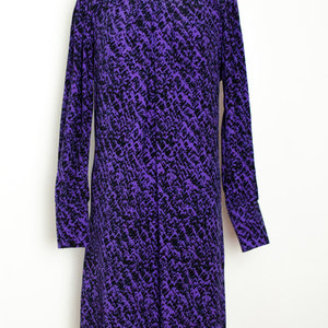 Vintage M / L Purple Shift Dress w/ Black Marbling Long Sleeve Midi Retro Mad Men Boho - Thumbnail 2