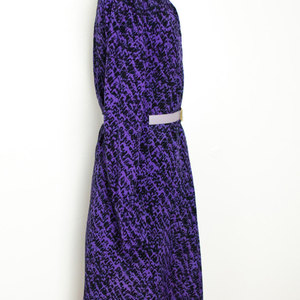 Vintage M / L Purple Shift Dress w/ Black Marbling Long Sleeve Midi Retro Mad Men Boho - Thumbnail 3