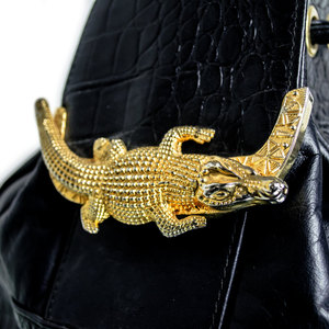 Vintage Black Bag Gold Alligator Leather Purse Drawstring Satchel Handbag