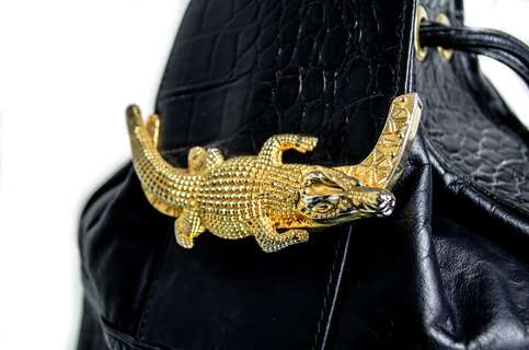 Vintage Black Bag Gold Alligator Leather Purse Drawstring Satchel Handbag