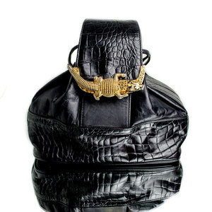 Vintage Black Bag Gold Alligator Leather Purse Drawstring Satchel Handbag - Thumbnail 1
