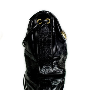 Vintage Black Bag Gold Alligator Leather Purse Drawstring Satchel Handbag - Thumbnail 2
