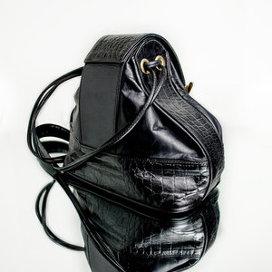 Vintage Black Bag Gold Alligator Leather Purse Drawstring Satchel Handbag - Thumbnail 3