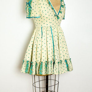 Vintage S / M Prairie Dress Cream w/ Green Flower Print Small Medium Mad Men Short Mini - Thumbnail 3