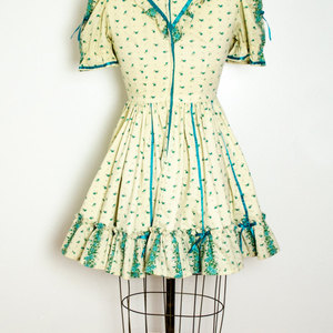 Vintage S / M Prairie Dress Cream w/ Green Flower Print Small Medium Mad Men Short Mini - Thumbnail 4
