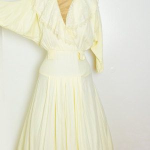 Vintage M / L Yellow Dress Lace Drop Waist Belted Batwing Long Sleeve Retro Mad Men Medium Large 80's Eighties