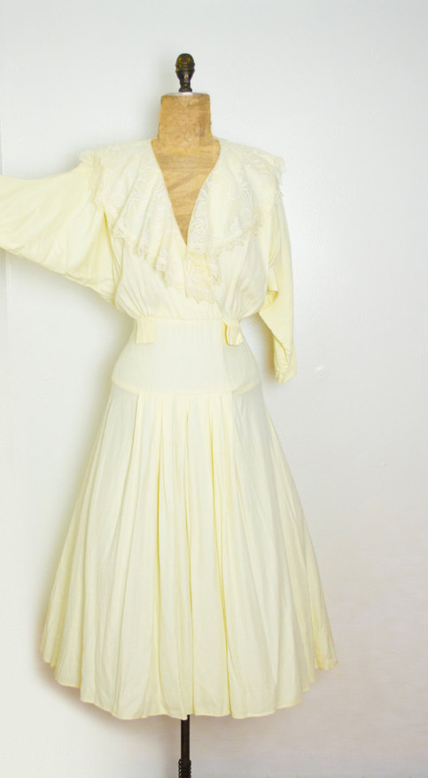 Vintage M / L Yellow Dress Lace Drop Waist Belted Batwing Long Sleeve Retro Mad Men Medium Large 80's Eighties