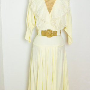Vintage M / L Yellow Dress Lace Drop Waist Belted Batwing Long Sleeve Retro Mad Men Medium Large 80's Eighties - Thumbnail 1