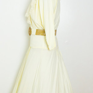 Vintage M / L Yellow Dress Lace Drop Waist Belted Batwing Long Sleeve Retro Mad Men Medium Large 80's Eighties - Thumbnail 2