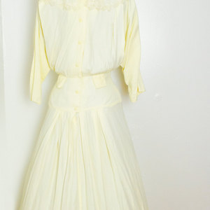 Vintage M / L Yellow Dress Lace Drop Waist Belted Batwing Long Sleeve Retro Mad Men Medium Large 80's Eighties - Thumbnail 3