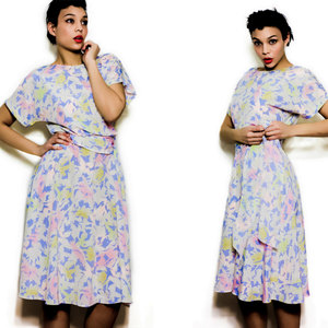 Vintage 1970s M / L Dress Pastel Abstract Print Medium Large Midi Mid Lenth Retro