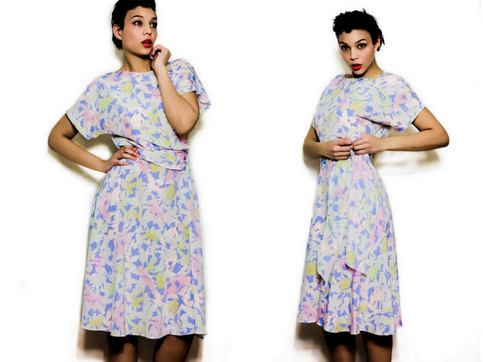 Vintage 1970s M / L Dress Pastel Abstract Print Medium Large Midi Mid Lenth Retro