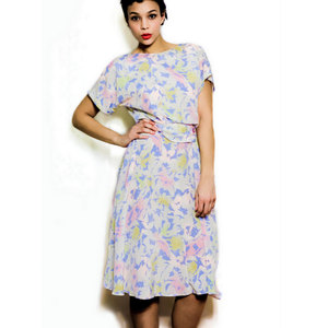 Vintage 1970s M / L Dress Pastel Abstract Print Medium Large Midi Mid Lenth Retro - Thumbnail 1