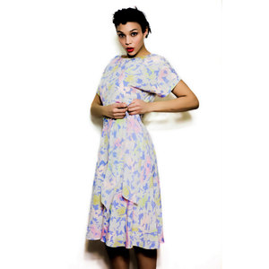 Vintage 1970s M / L Dress Pastel Abstract Print Medium Large Midi Mid Lenth Retro - Thumbnail 2