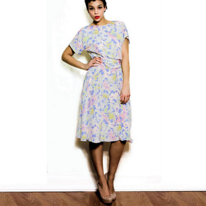 Vintage 1970s M / L Dress Pastel Abstract Print Medium Large Midi Mid Lenth Retro - Thumbnail 4