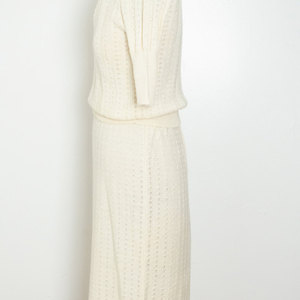 Vintage M Knit Skirt Set Two Piece Coords Cream Top Medium Sweater Shirt Retro Mad Men Knitwear 2pc Co-ords