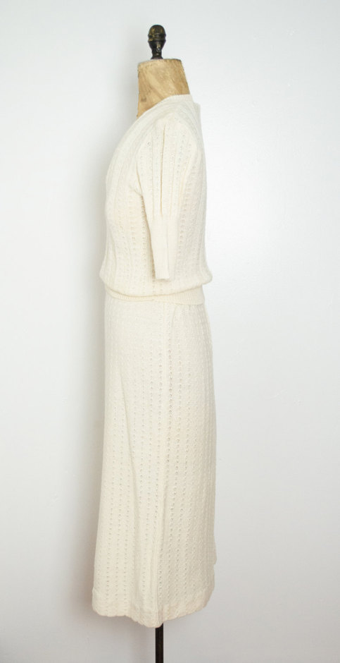 Vintage M Knit Skirt Set Two Piece Coords Cream Top Medium Sweater Shirt Retro Mad Men Knitwear 2pc Co-ords