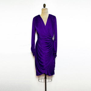 Vtg M / L Purple Greecian Dress Mini Midi Sequin Formal Cocktail Party Drape Glam Medium Large - Thumbnail 4