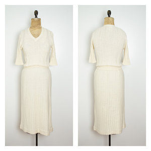 Vintage M Knit Skirt Set Two Piece Coords Cream Top Medium Sweater Shirt Retro Mad Men Knitwear 2pc Co-ords - Thumbnail 4