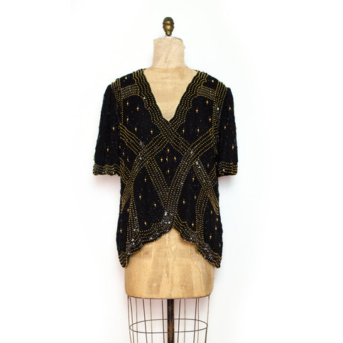 Vtg L / XL Shirt Black Gold Sequin Beaded Silk Top Large X-Large 2Xl Scalloped Short Sleeves Hi Lo Hem