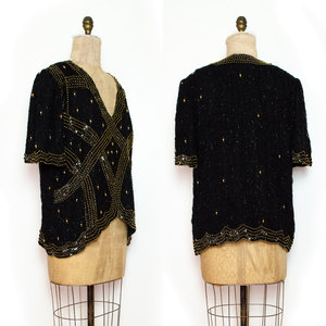 Vtg L / XL Shirt Black Gold Sequin Beaded Silk Top Large X-Large 2Xl Scalloped Short Sleeves Hi Lo Hem - Thumbnail 1