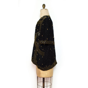 Vtg L / XL Shirt Black Gold Sequin Beaded Silk Top Large X-Large 2Xl Scalloped Short Sleeves Hi Lo Hem - Thumbnail 2