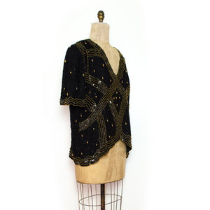 Vtg L / XL Shirt Black Gold Sequin Beaded Silk Top Large X-Large 2Xl Scalloped Short Sleeves Hi Lo Hem - Thumbnail 3