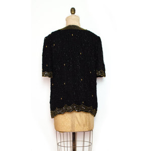 Vtg L / XL Shirt Black Gold Sequin Beaded Silk Top Large X-Large 2Xl Scalloped Short Sleeves Hi Lo Hem - Thumbnail 4