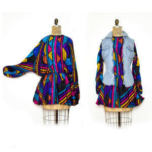 Vintage M / L 70s Mini Dress w/ Colorful Geometric Pattern Multi Color Pink Orange Black Blue Green Flower Long Batwing Sleeves Medium Larg