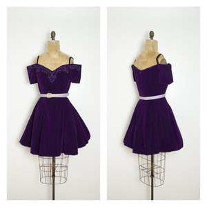 Vintage L Purple Velvet Dress Off Shoulder Skater Mini w/ Sequined Lace Neckline Short Flared