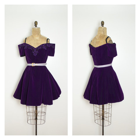 Vintage L Purple Velvet Dress Off Shoulder Skater Mini w/ Sequined Lace Neckline Short Flared