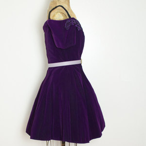 Vintage L Purple Velvet Dress Off Shoulder Skater Mini w/ Sequined Lace Neckline Short Flared - Thumbnail 1