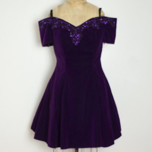 Vintage L Purple Velvet Dress Off Shoulder Skater Mini w/ Sequined Lace Neckline Short Flared - Thumbnail 2