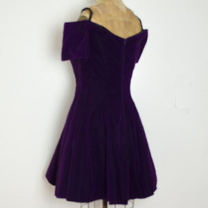 Vintage L Purple Velvet Dress Off Shoulder Skater Mini w/ Sequined Lace Neckline Short Flared - Thumbnail 3
