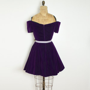 Vintage L Purple Velvet Dress Off Shoulder Skater Mini w/ Sequined Lace Neckline Short Flared - Thumbnail 4