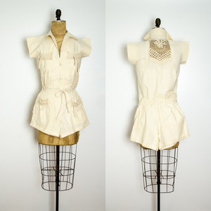 Vintage S/M Crochet Shorts Set Two Piece Coords Khaki Linen Top Small Medium Button up Safari Style