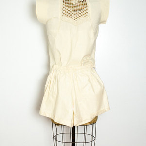 Vintage S/M Crochet Shorts Set Two Piece Coords Khaki Linen Top Small Medium Button up Safari Style - Thumbnail 1