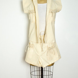 Vintage S/M Crochet Shorts Set Two Piece Coords Khaki Linen Top Small Medium Button up Safari Style - Thumbnail 2