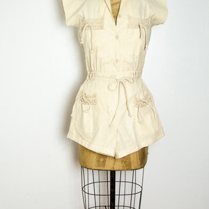 Vintage S/M Crochet Shorts Set Two Piece Coords Khaki Linen Top Small Medium Button up Safari Style - Thumbnail 3