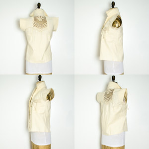 Vintage S/M Crochet Shorts Set Two Piece Coords Khaki Linen Top Small Medium Button up Safari Style - Thumbnail 4
